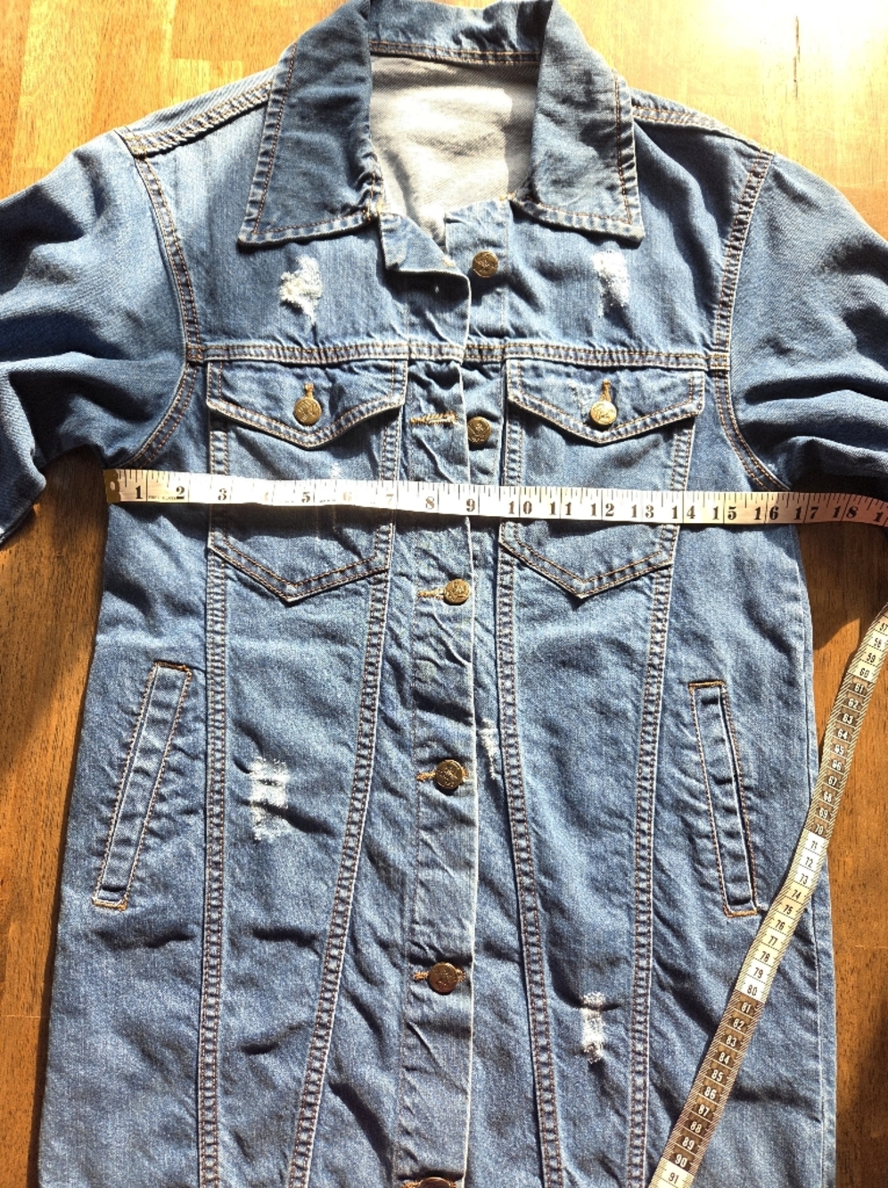 Long Slim Fit, Lightly Distressed Denim Jacket - Picture 5 of 8